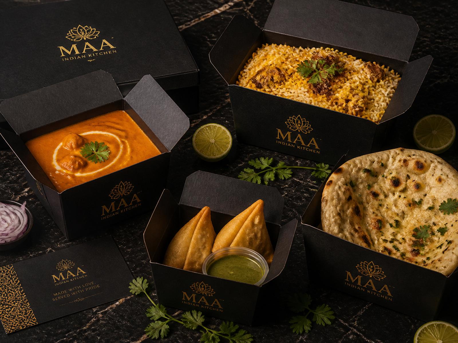 Luxury MAA Indian takeaway boxes with butter chicken, biryani, samosas and naan